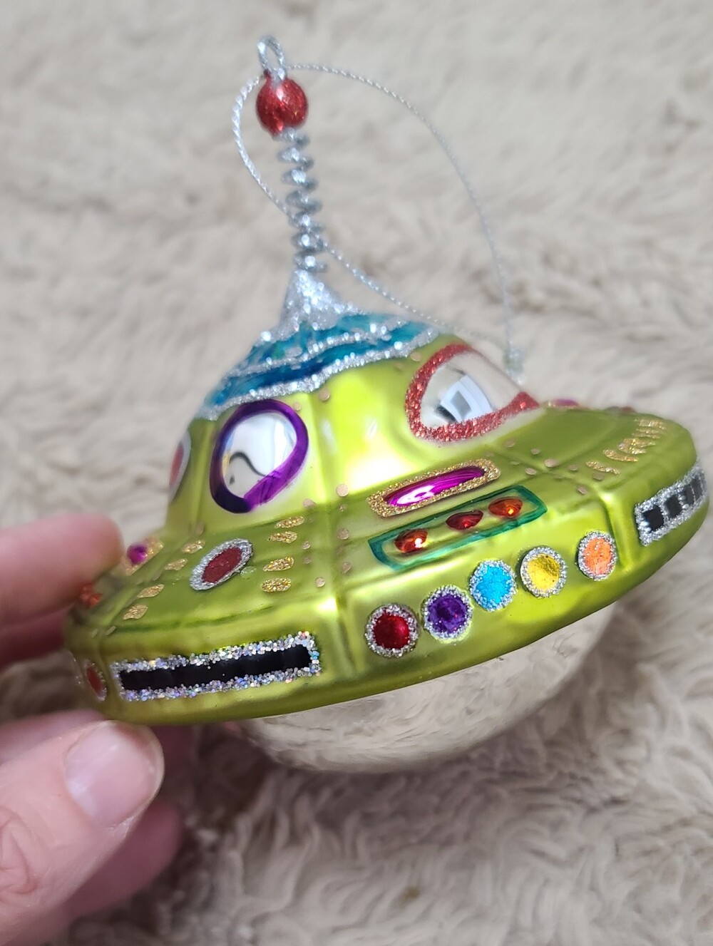 Green UFO Glass Ornament with Multicolor Gem Accents, Alien Flying Spaceship - Picture 4 of 6
